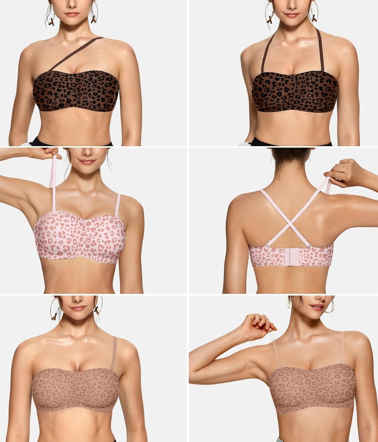 image:imageOEAK Womens Strapless Bras Jelly Push Up Bandeau Bra Non Slip Wireless Supportive Padded Bras Seamless Comfortable Tube BraLeopard Pink