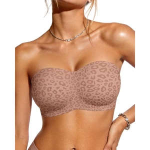 image:imageOEAK Womens Strapless Bras Jelly Push Up Bandeau Bra Non Slip Wireless Supportive Padded Bras Seamless Comfortable Tube BraLeopard Light Coffee