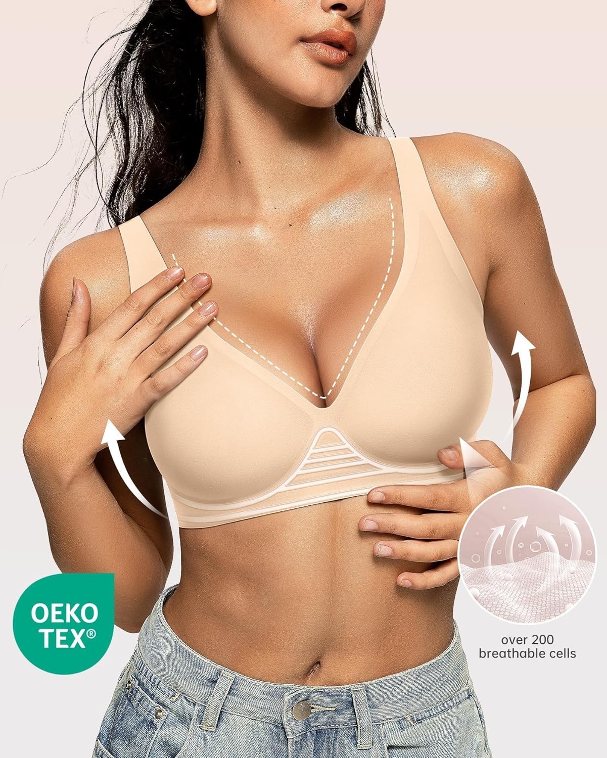 image:imageOEAK Womens Deep V Bras Wireless Comfortable Bra Supportive No Underwire Bras Tshirt Push Up Bralettes Plunge Seamless BraBeige