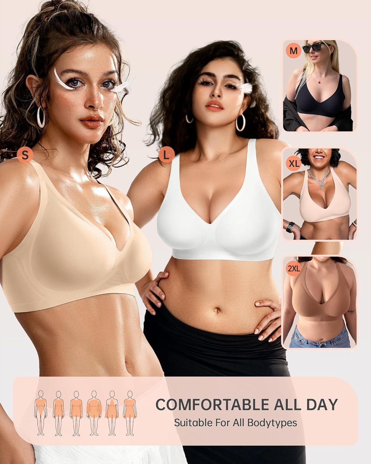 image:imageOEAK Womens Deep V Bras Wireless Comfortable Bra Supportive No Underwire Bras Tshirt Push Up Bralettes Plunge Seamless BraBeige