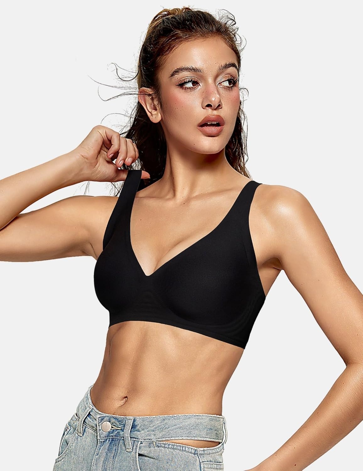 image:imageOEAK Womens Deep V Bras Wireless Comfortable Bra Supportive No Underwire Bras Tshirt Push Up Bralettes Plunge Seamless BraBlack