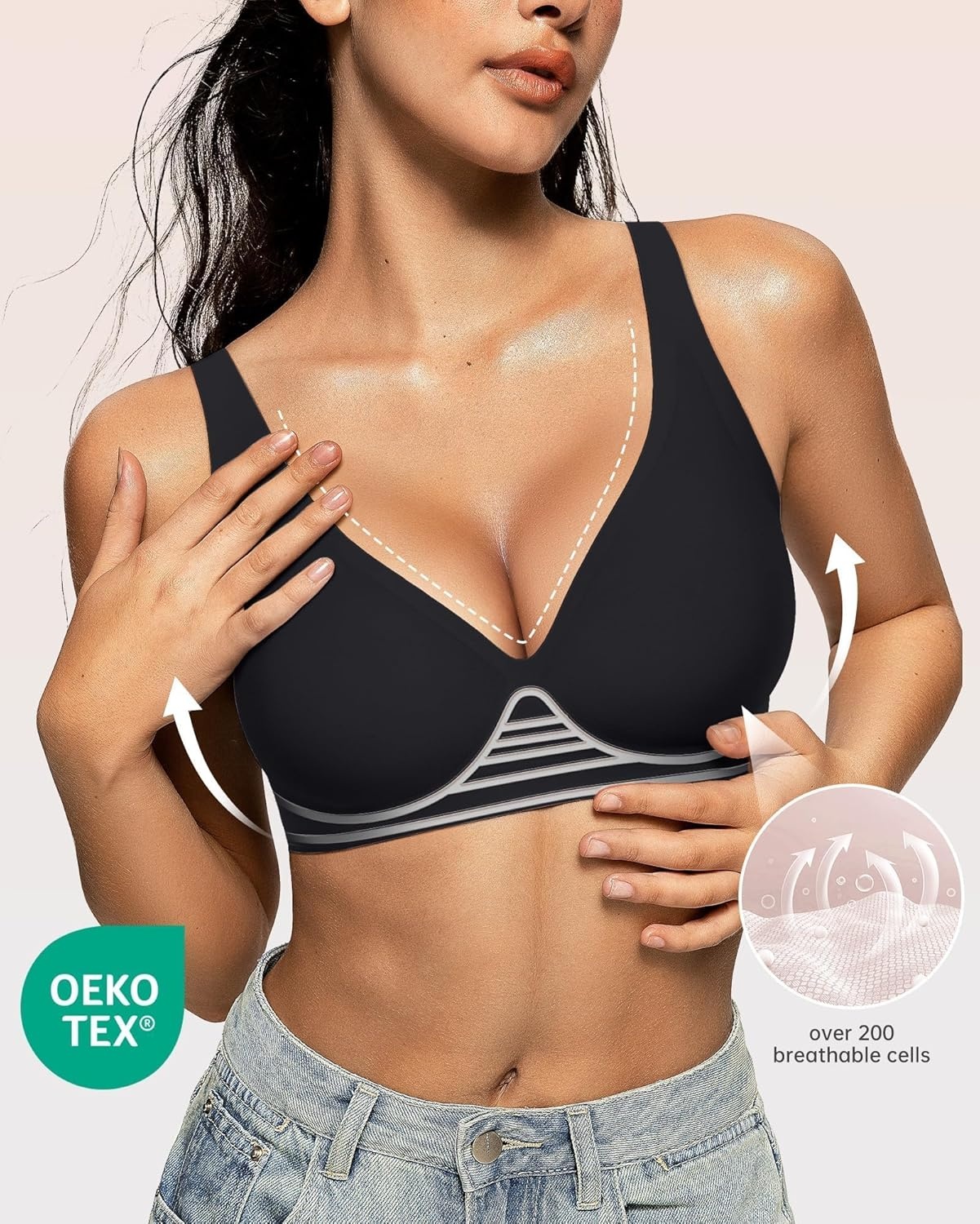 image:imageOEAK Womens Deep V Bras Wireless Comfortable Bra Supportive No Underwire Bras Tshirt Push Up Bralettes Plunge Seamless BraBlack