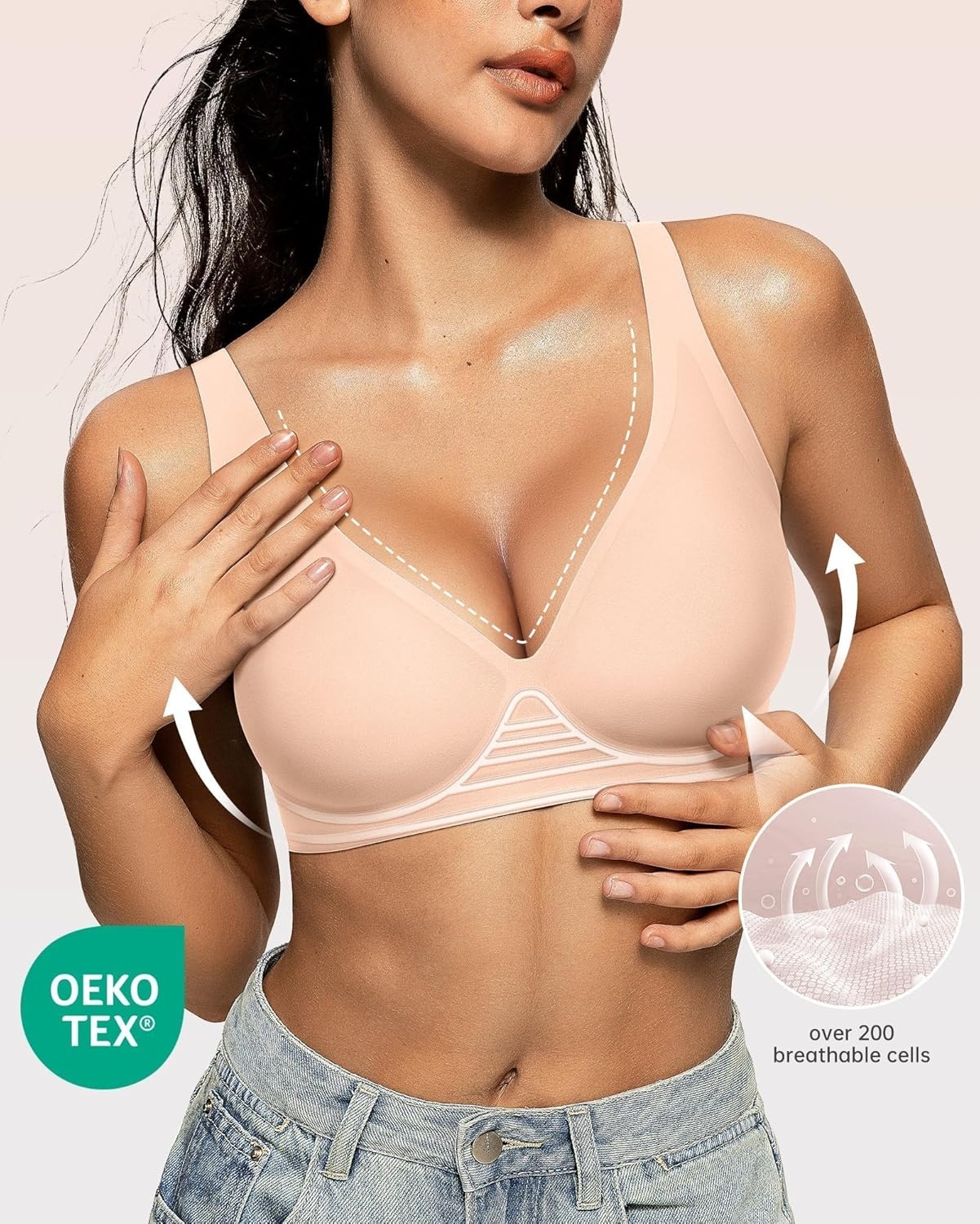 image:imageOEAK Womens Deep V Bras Wireless Comfortable Bra Supportive No Underwire Bras Tshirt Push Up Bralettes Plunge Seamless BraBlush Nude