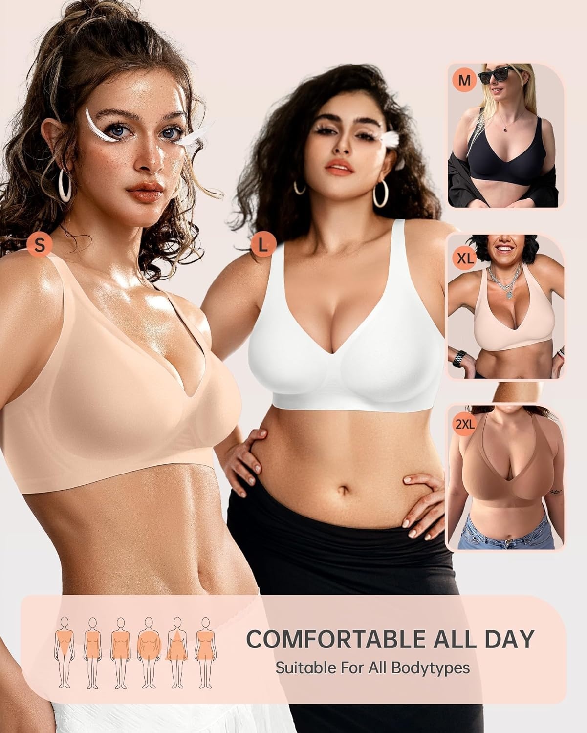 image:imageOEAK Womens Deep V Bras Wireless Comfortable Bra Supportive No Underwire Bras Tshirt Push Up Bralettes Plunge Seamless BraBlush Nude