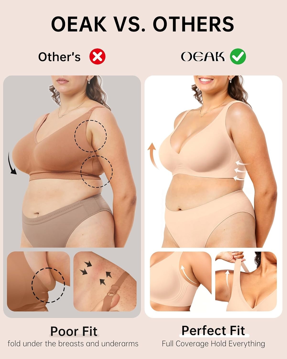 image:imageOEAK Womens Deep V Bras Wireless Comfortable Bra Supportive No Underwire Bras Tshirt Push Up Bralettes Plunge Seamless BraBlush Nude