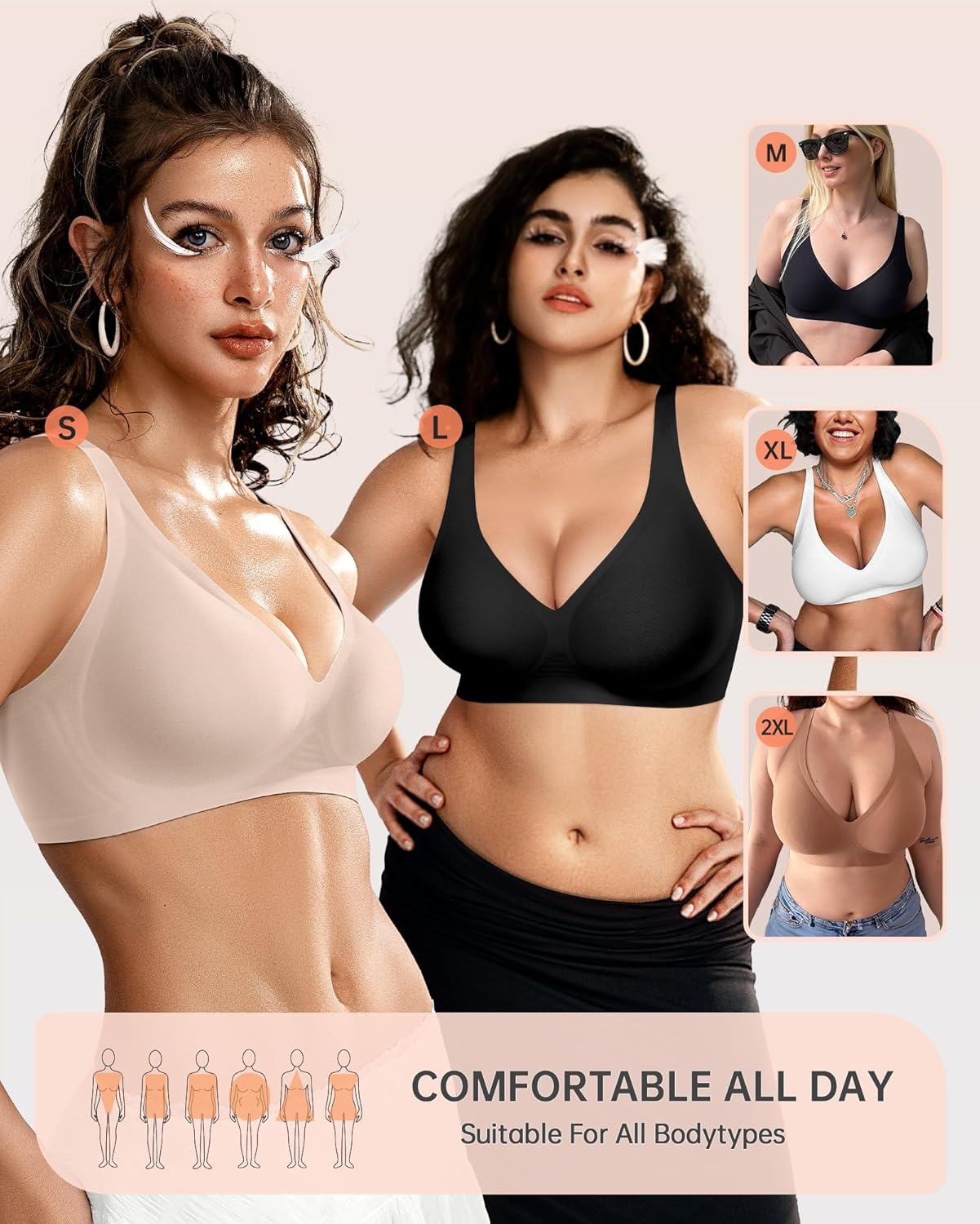 image:imageOEAK Womens Deep V Bras Wireless Comfortable Bra Supportive No Underwire Bras Tshirt Push Up Bralettes Plunge Seamless BraCarbon Black