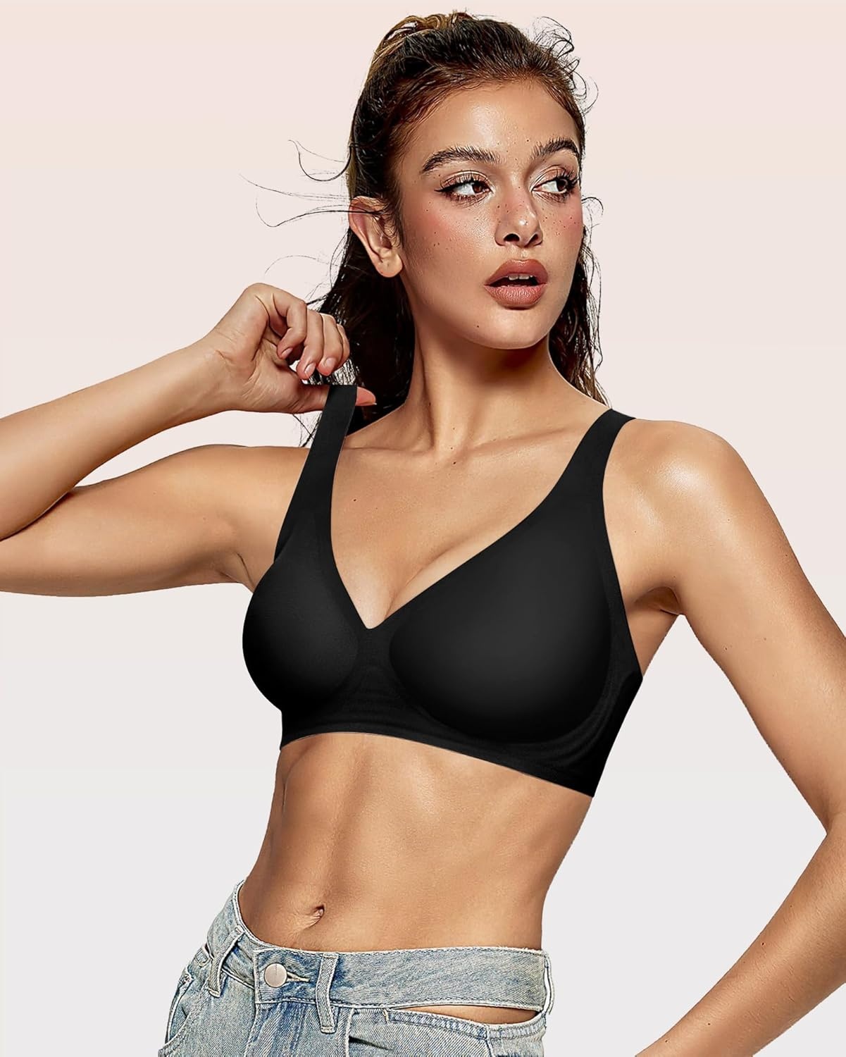 image:imageOEAK Womens Deep V Bras Wireless Comfortable Bra Supportive No Underwire Bras Tshirt Push Up Bralettes Plunge Seamless BraCarbon Black
