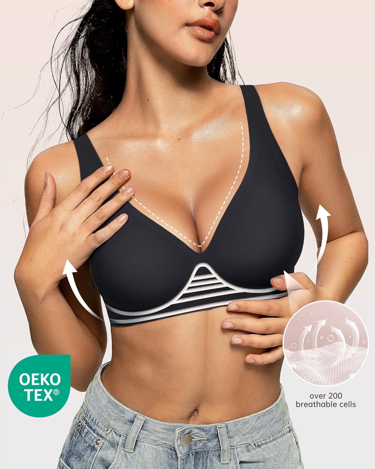 image:imageOEAK Womens Deep V Bras Wireless Comfortable Bra Supportive No Underwire Bras Tshirt Push Up Bralettes Plunge Seamless BraCarbon Black