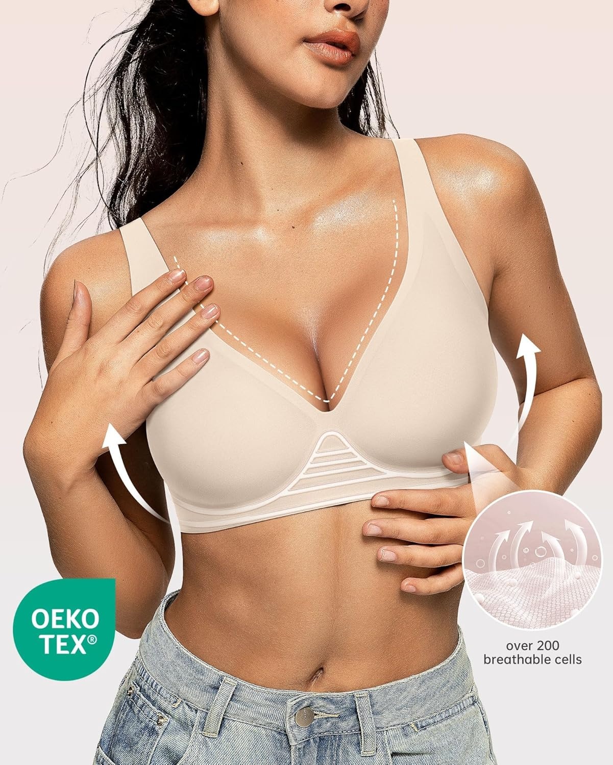 image:imageOEAK Womens Deep V Bras Wireless Comfortable Bra Supportive No Underwire Bras Tshirt Push Up Bralettes Plunge Seamless BraChampagne