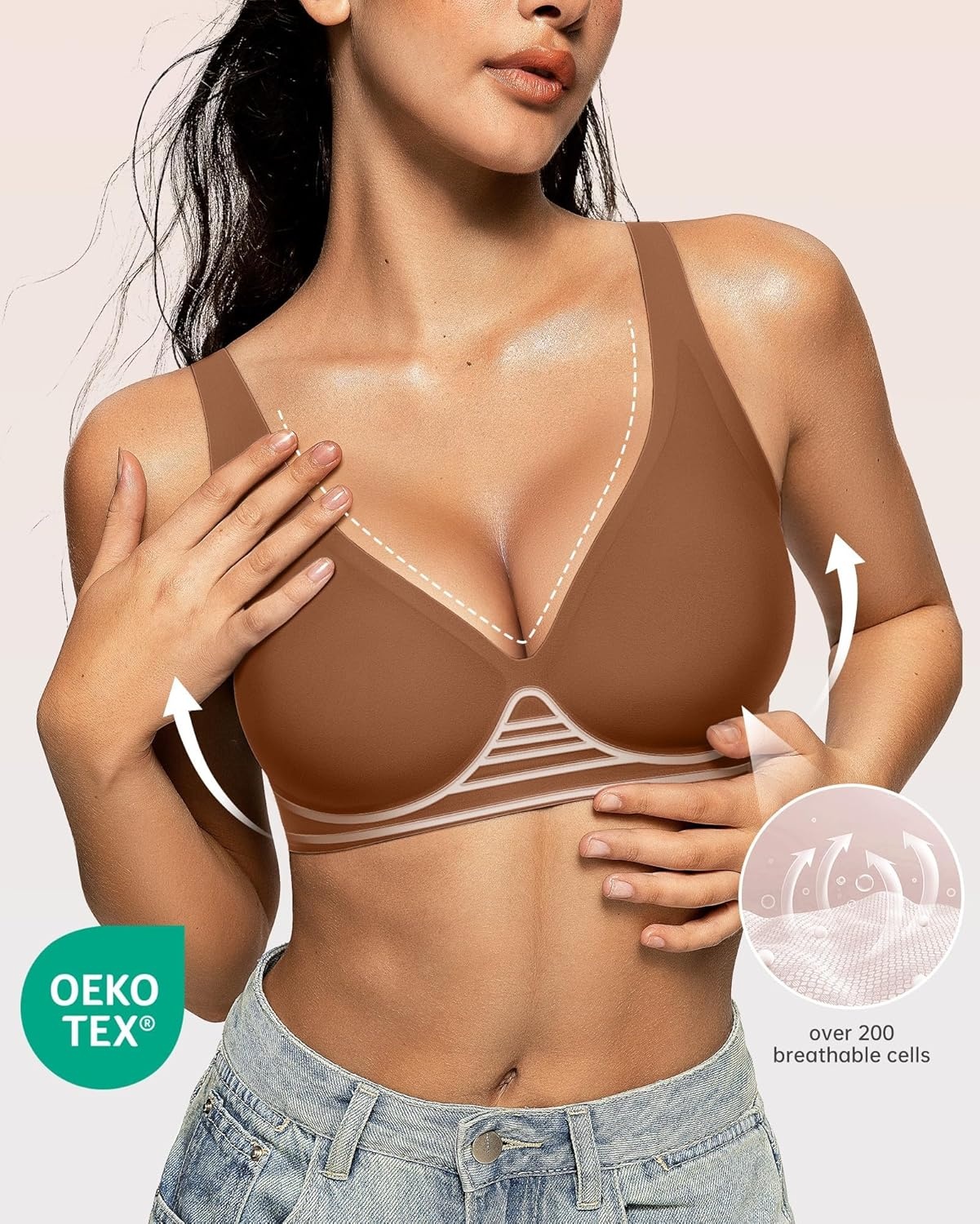 image:imageOEAK Womens Deep V Bras Wireless Comfortable Bra Supportive No Underwire Bras Tshirt Push Up Bralettes Plunge Seamless BraCinnamon