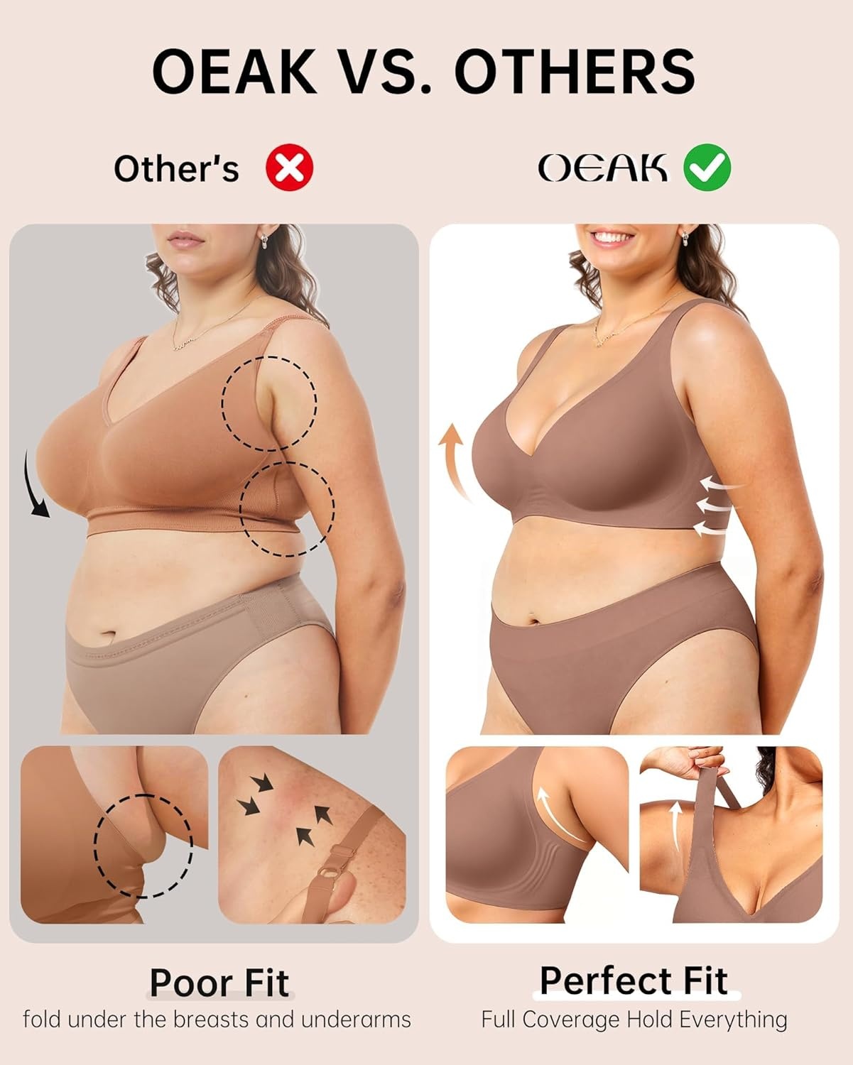 image:imageOEAK Womens Deep V Bras Wireless Comfortable Bra Supportive No Underwire Bras Tshirt Push Up Bralettes Plunge Seamless BraCoffee
