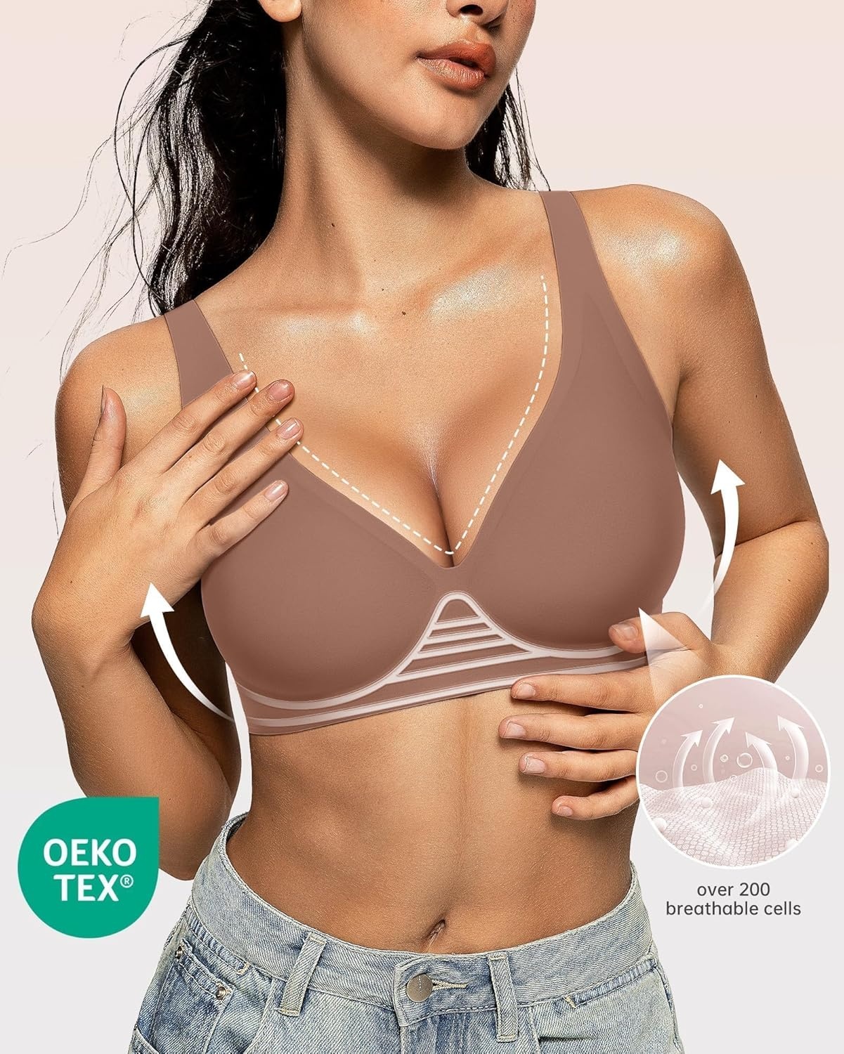 image:imageOEAK Womens Deep V Bras Wireless Comfortable Bra Supportive No Underwire Bras Tshirt Push Up Bralettes Plunge Seamless BraCoffee