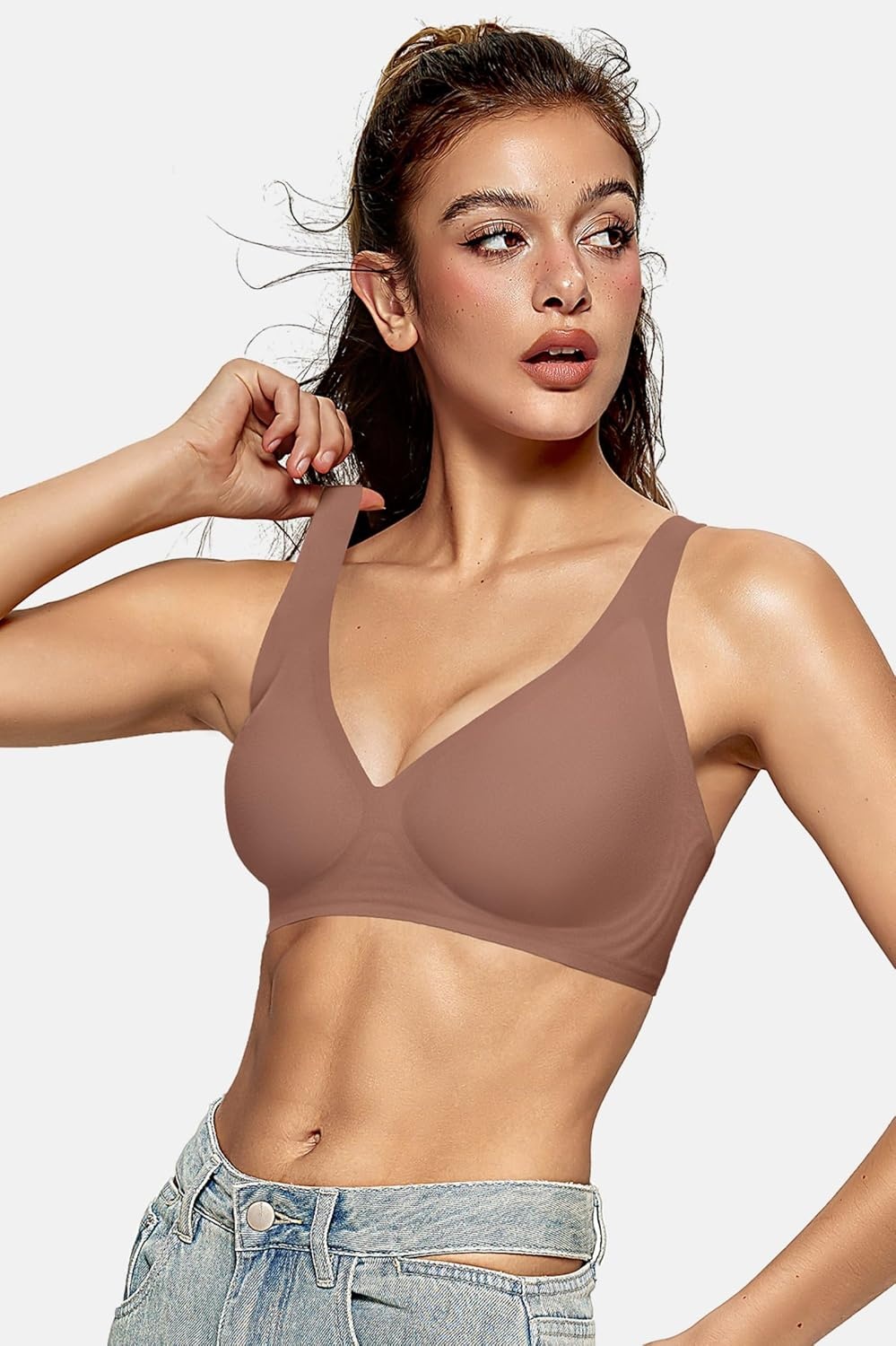 image:imageOEAK Womens Deep V Bras Wireless Comfortable Bra Supportive No Underwire Bras Tshirt Push Up Bralettes Plunge Seamless BraCoffee