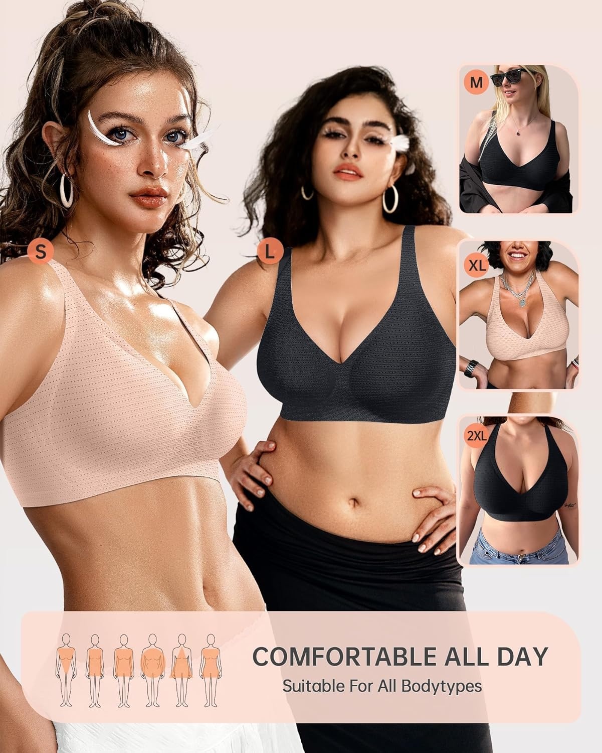 image:imageOEAK Womens Deep V Bras Wireless Comfortable Bra Supportive No Underwire Bras Tshirt Push Up Bralettes Plunge Seamless BraCool Black