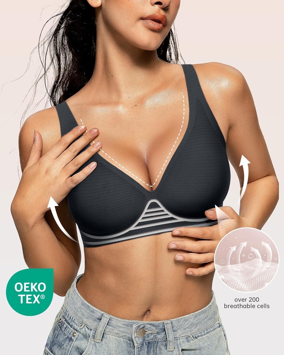 image:imageOEAK Womens Deep V Bras Wireless Comfortable Bra Supportive No Underwire Bras Tshirt Push Up Bralettes Plunge Seamless BraCool Black