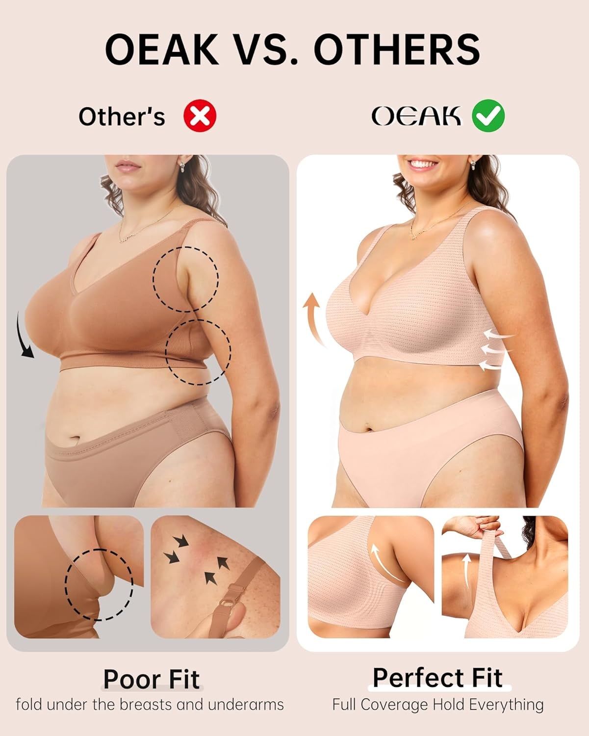 image:imageOEAK Womens Deep V Bras Wireless Comfortable Bra Supportive No Underwire Bras Tshirt Push Up Bralettes Plunge Seamless BraCool Nude