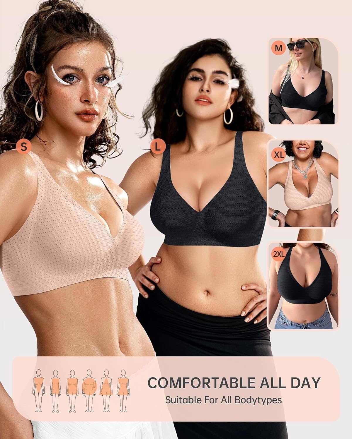 image:imageOEAK Womens Deep V Bras Wireless Comfortable Bra Supportive No Underwire Bras Tshirt Push Up Bralettes Plunge Seamless BraCool Nude