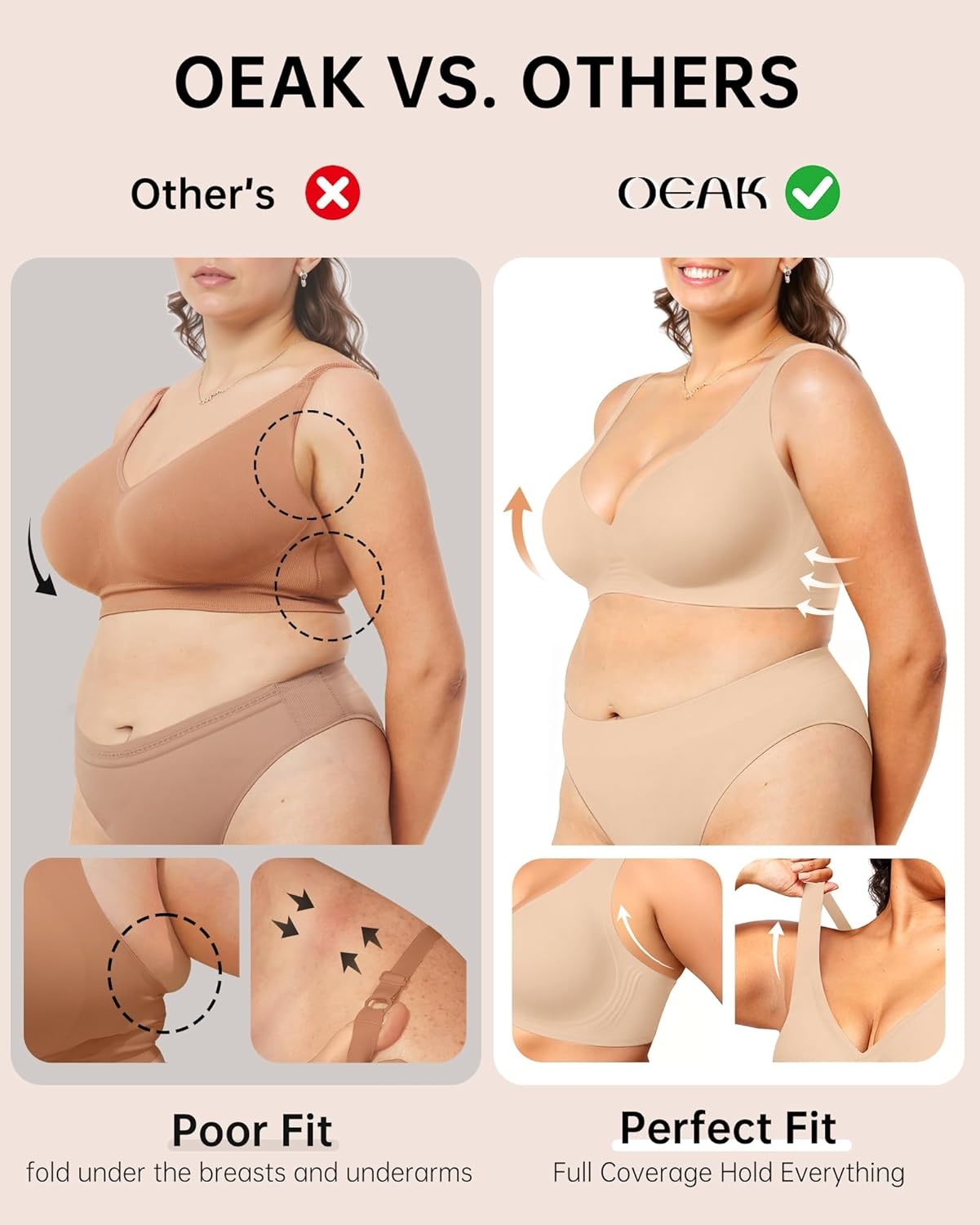 image:imageOEAK Womens Deep V Bras Wireless Comfortable Bra Supportive No Underwire Bras Tshirt Push Up Bralettes Plunge Seamless BraDark Beige