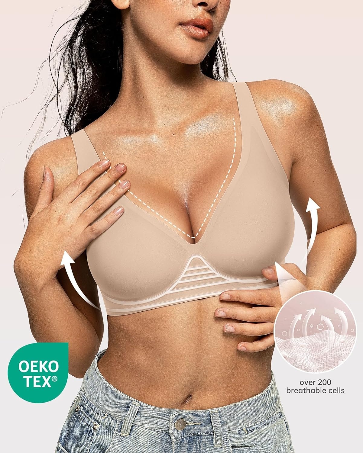 image:imageOEAK Womens Deep V Bras Wireless Comfortable Bra Supportive No Underwire Bras Tshirt Push Up Bralettes Plunge Seamless BraDark Beige