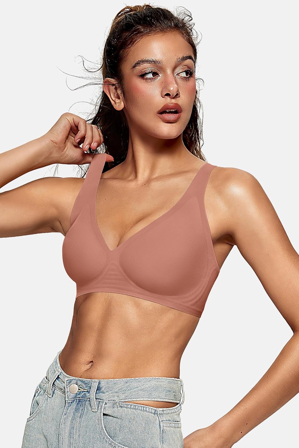 image:imageOEAK Womens Deep V Bras Wireless Comfortable Bra Supportive No Underwire Bras Tshirt Push Up Bralettes Plunge Seamless BraDusty Pink