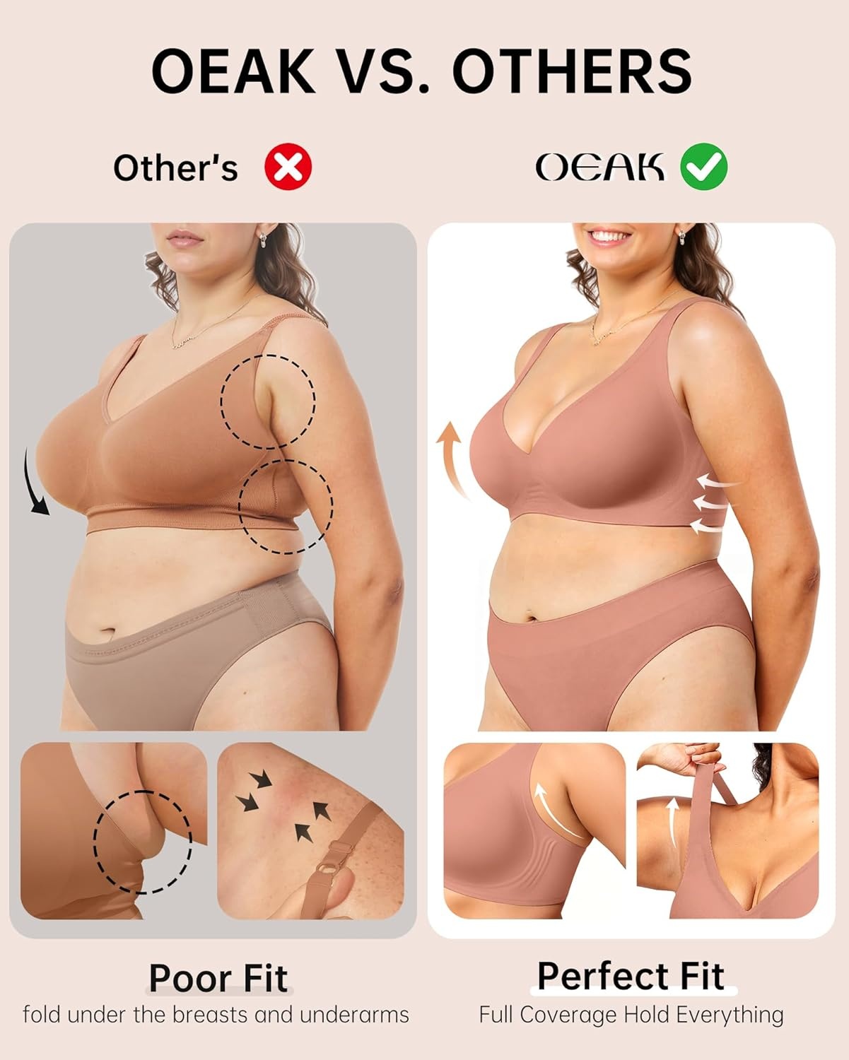 image:imageOEAK Womens Deep V Bras Wireless Comfortable Bra Supportive No Underwire Bras Tshirt Push Up Bralettes Plunge Seamless BraDusty Pink