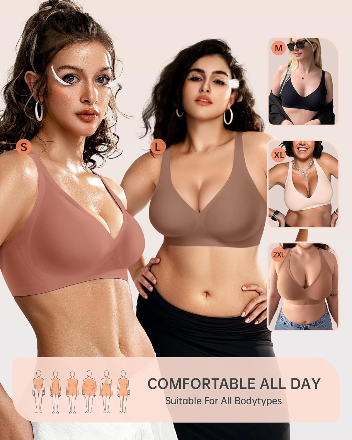 image:imageOEAK Womens Deep V Bras Wireless Comfortable Bra Supportive No Underwire Bras Tshirt Push Up Bralettes Plunge Seamless BraDusty Pink