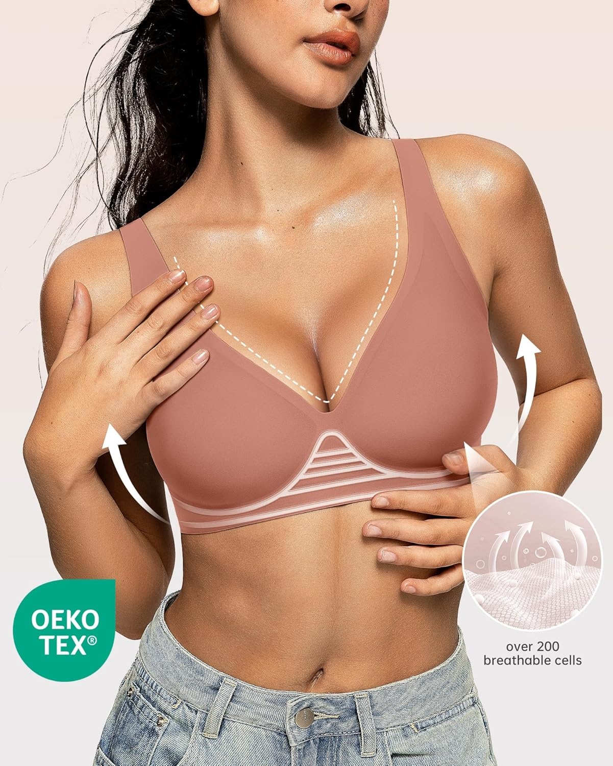 image:imageOEAK Womens Deep V Bras Wireless Comfortable Bra Supportive No Underwire Bras Tshirt Push Up Bralettes Plunge Seamless BraDusty Pink