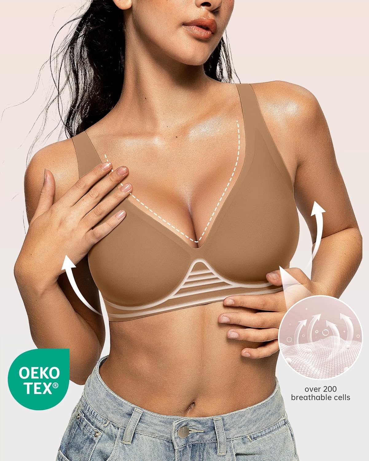 image:imageOEAK Womens Deep V Bras Wireless Comfortable Bra Supportive No Underwire Bras Tshirt Push Up Bralettes Plunge Seamless BraGravel Beige