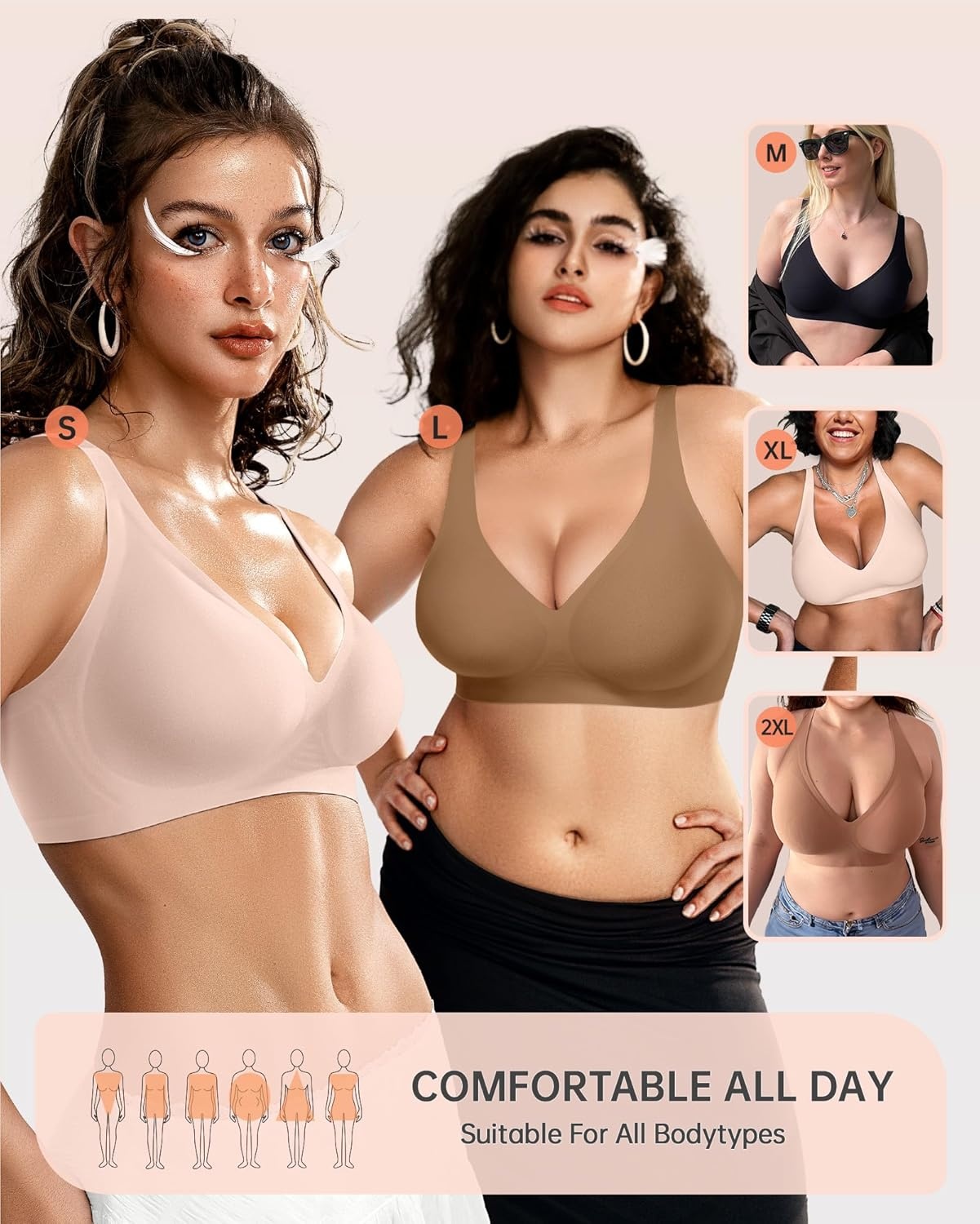 image:imageOEAK Womens Deep V Bras Wireless Comfortable Bra Supportive No Underwire Bras Tshirt Push Up Bralettes Plunge Seamless BraGravel Beige