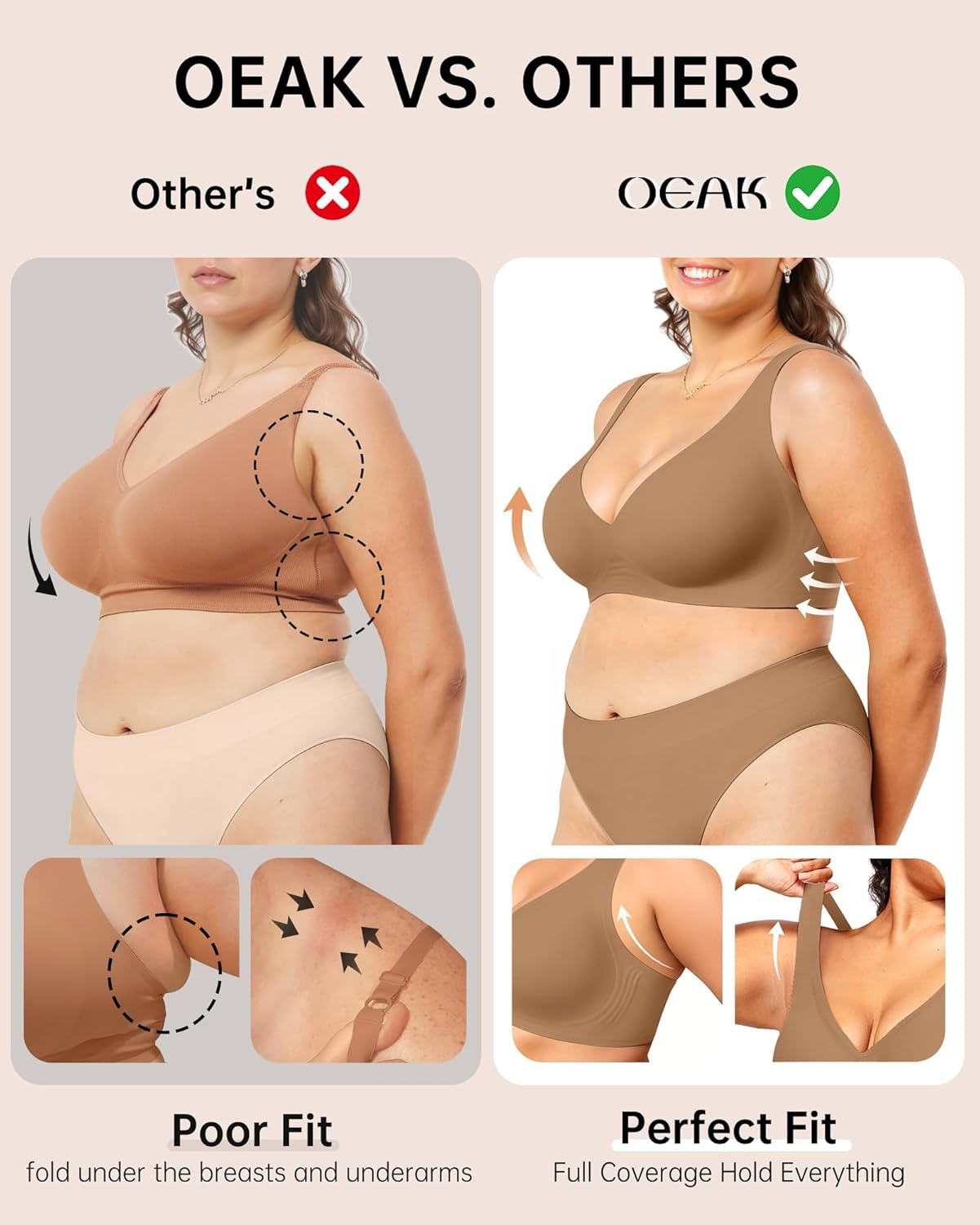 image:imageOEAK Womens Deep V Bras Wireless Comfortable Bra Supportive No Underwire Bras Tshirt Push Up Bralettes Plunge Seamless BraGravel Beige