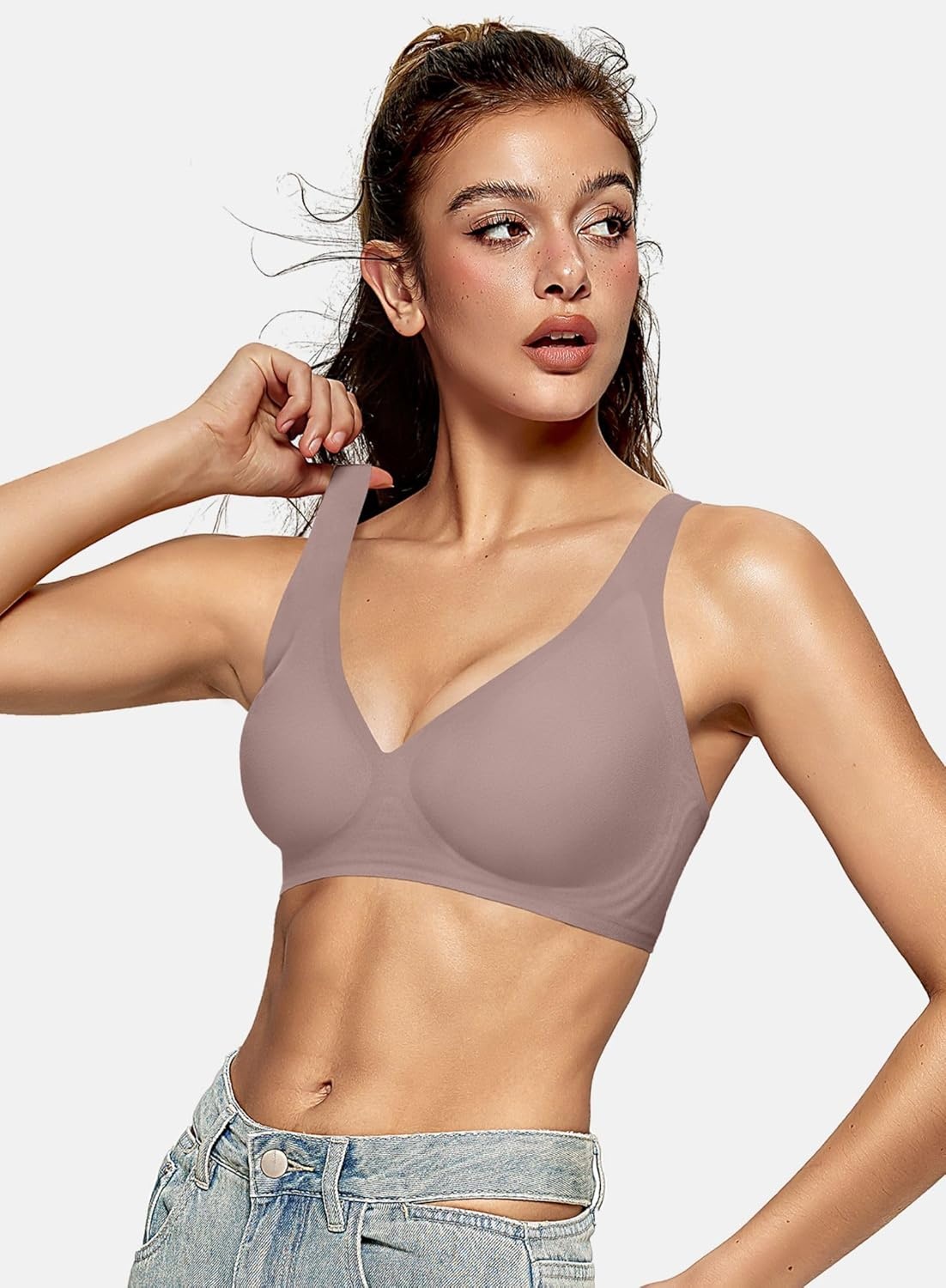 image:imageOEAK Womens Deep V Bras Wireless Comfortable Bra Supportive No Underwire Bras Tshirt Push Up Bralettes Plunge Seamless BraGrey