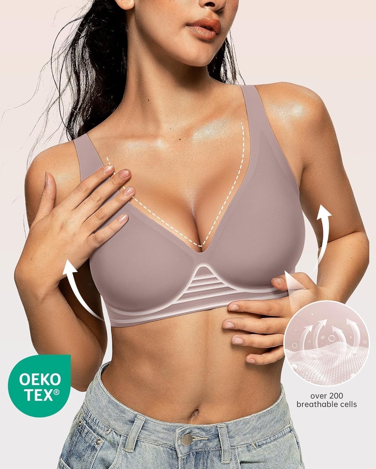 image:imageOEAK Womens Deep V Bras Wireless Comfortable Bra Supportive No Underwire Bras Tshirt Push Up Bralettes Plunge Seamless BraGrey