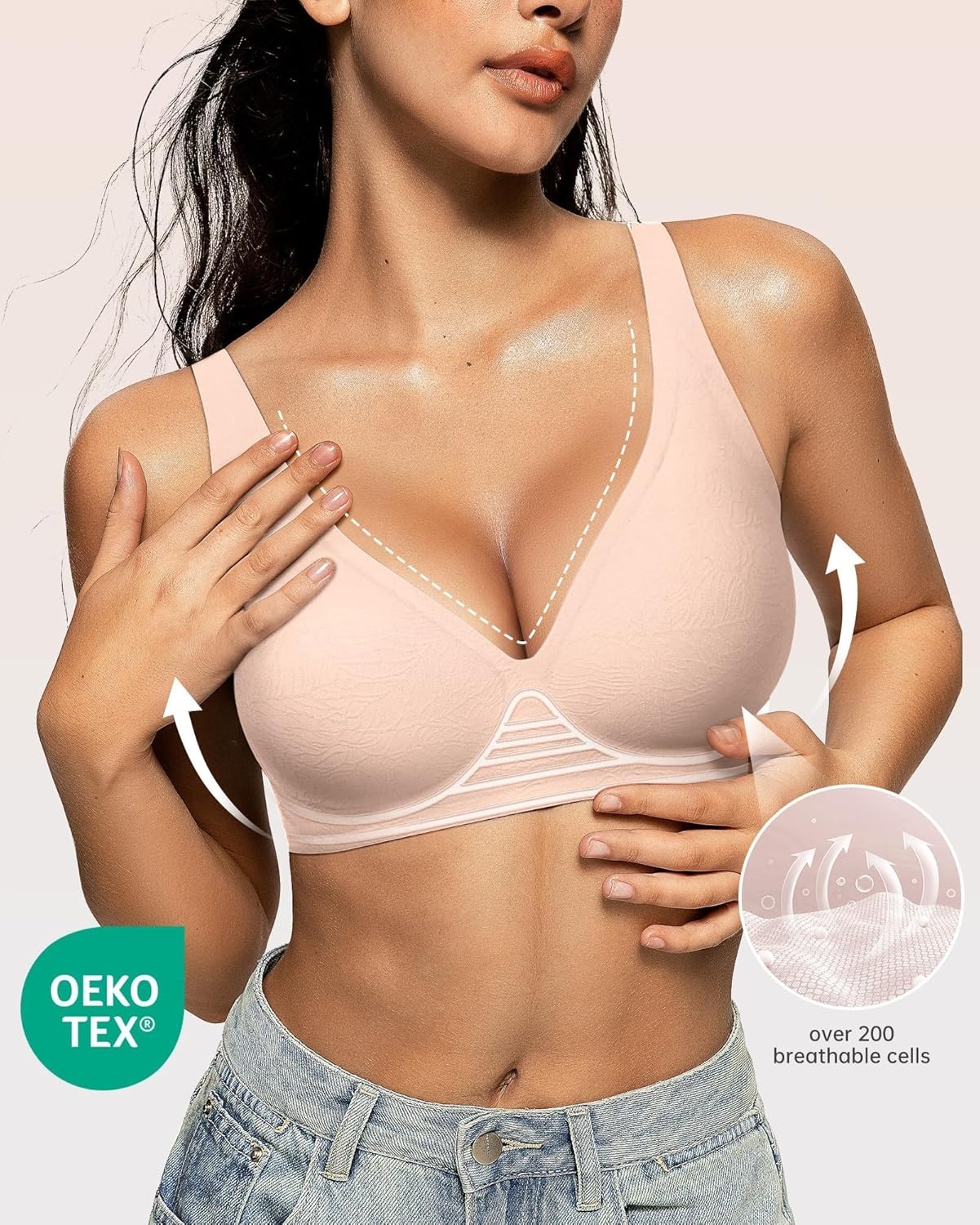 image:imageOEAK Womens Deep V Bras Wireless Comfortable Bra Supportive No Underwire Bras Tshirt Push Up Bralettes Plunge Seamless BraJacquard Nude