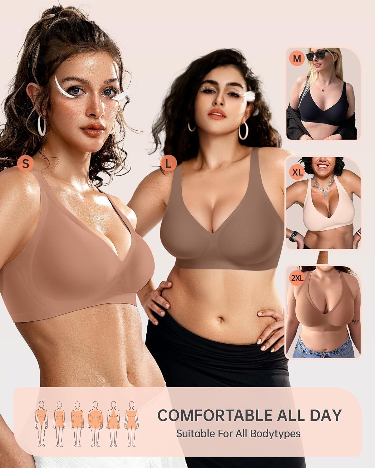 image:imageOEAK Womens Deep V Bras Wireless Comfortable Bra Supportive No Underwire Bras Tshirt Push Up Bralettes Plunge Seamless BraLatte