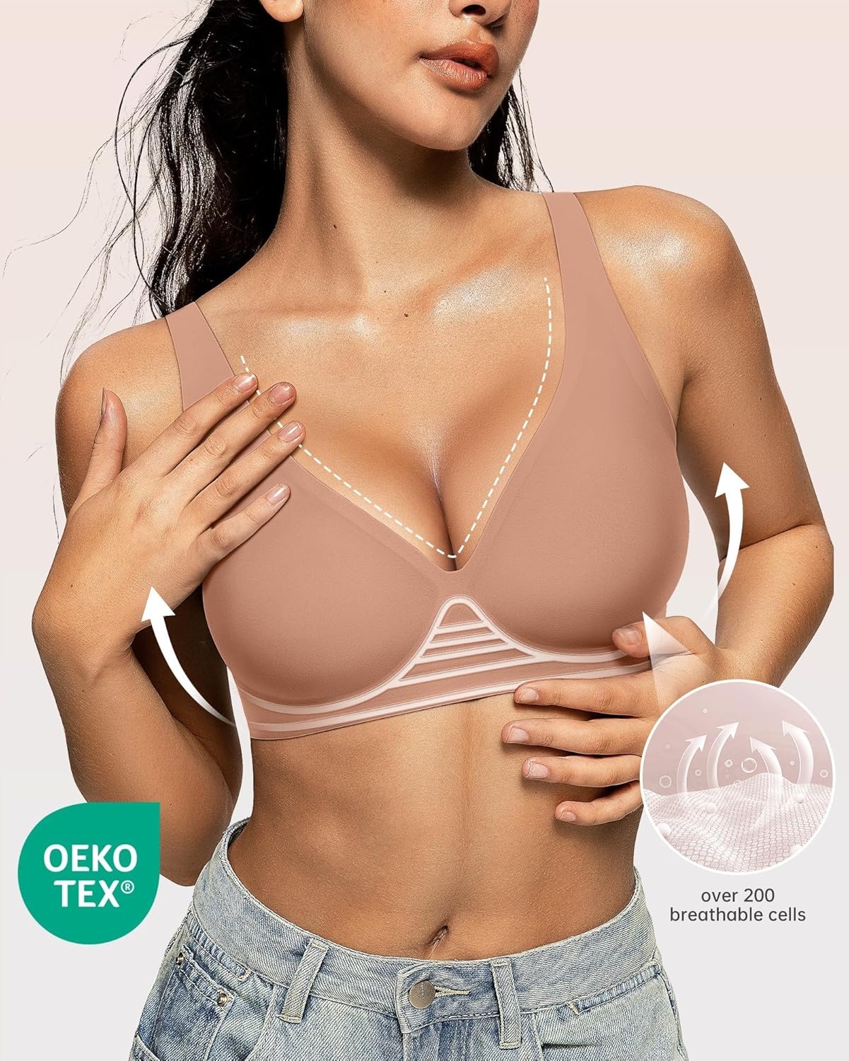 image:imageOEAK Womens Deep V Bras Wireless Comfortable Bra Supportive No Underwire Bras Tshirt Push Up Bralettes Plunge Seamless BraLatte
