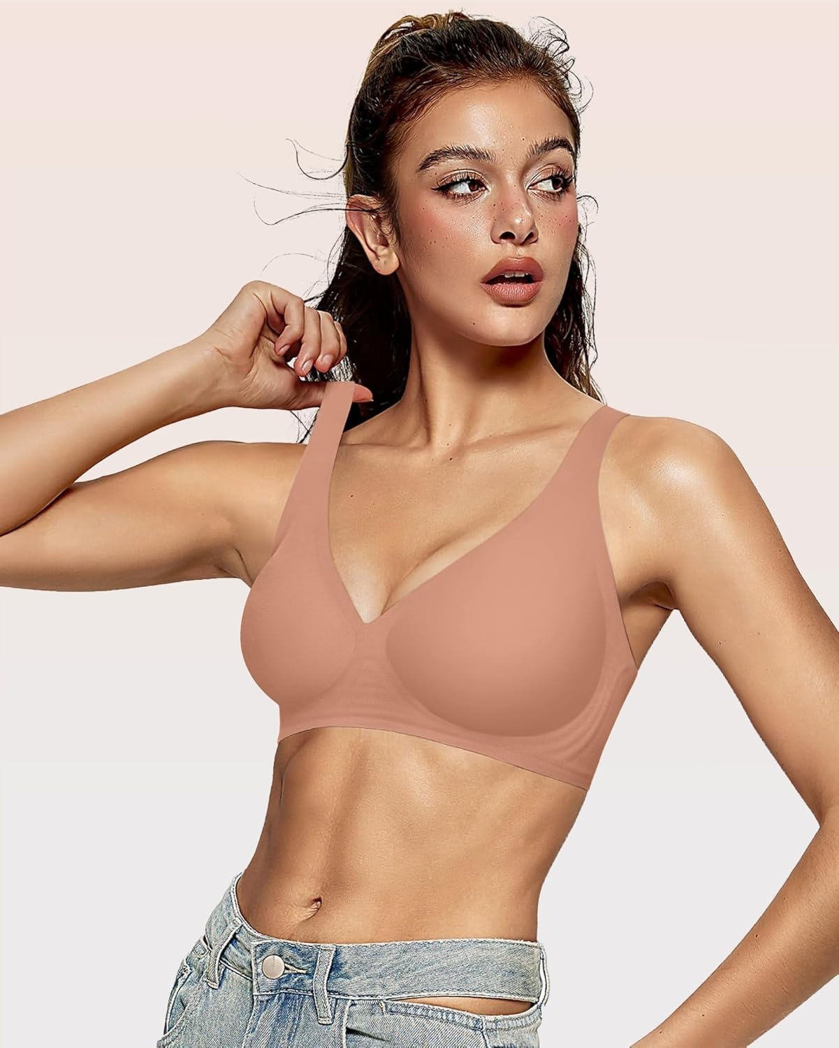 image:imageOEAK Womens Deep V Bras Wireless Comfortable Bra Supportive No Underwire Bras Tshirt Push Up Bralettes Plunge Seamless BraLatte