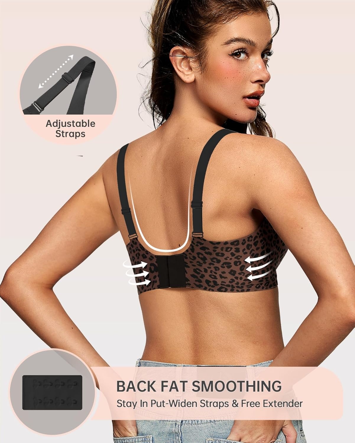 image:imageOEAK Womens Deep V Bras Wireless Comfortable Bra Supportive No Underwire Bras Tshirt Push Up Bralettes Plunge Seamless BraLeopard Coffee