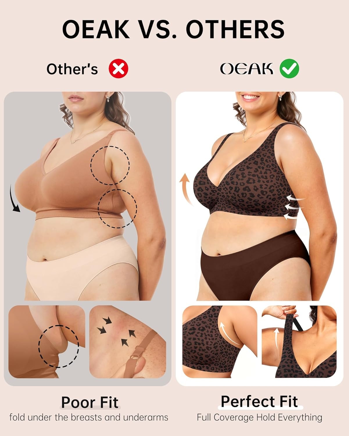 image:imageOEAK Womens Deep V Bras Wireless Comfortable Bra Supportive No Underwire Bras Tshirt Push Up Bralettes Plunge Seamless BraLeopard Coffee