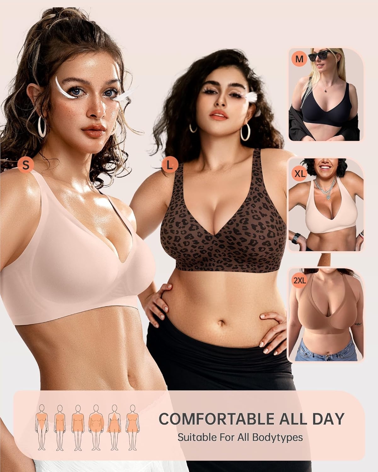 image:imageOEAK Womens Deep V Bras Wireless Comfortable Bra Supportive No Underwire Bras Tshirt Push Up Bralettes Plunge Seamless BraLeopard Coffee