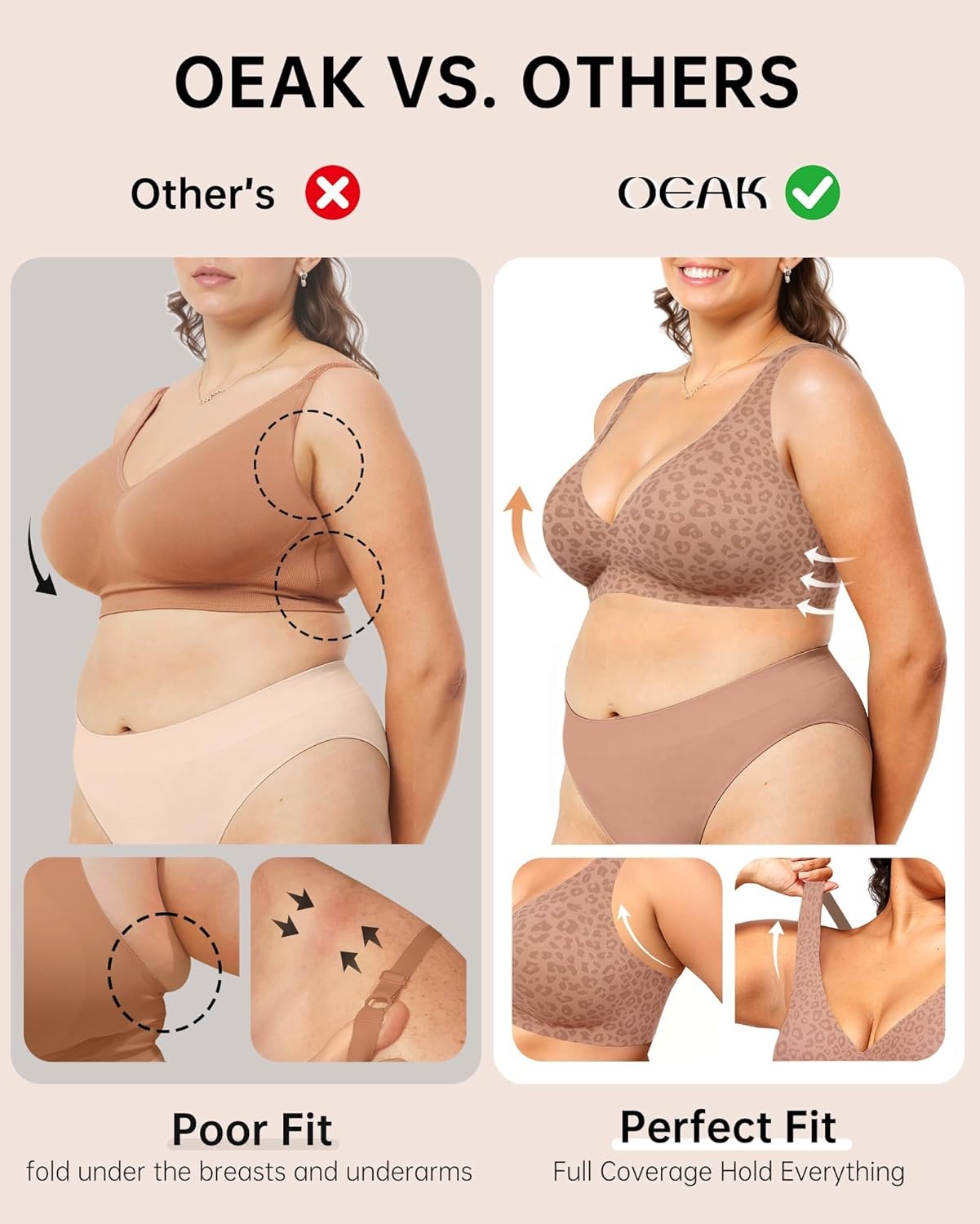image:imageOEAK Womens Deep V Bras Wireless Comfortable Bra Supportive No Underwire Bras Tshirt Push Up Bralettes Plunge Seamless BraLeopard Lightcoffee