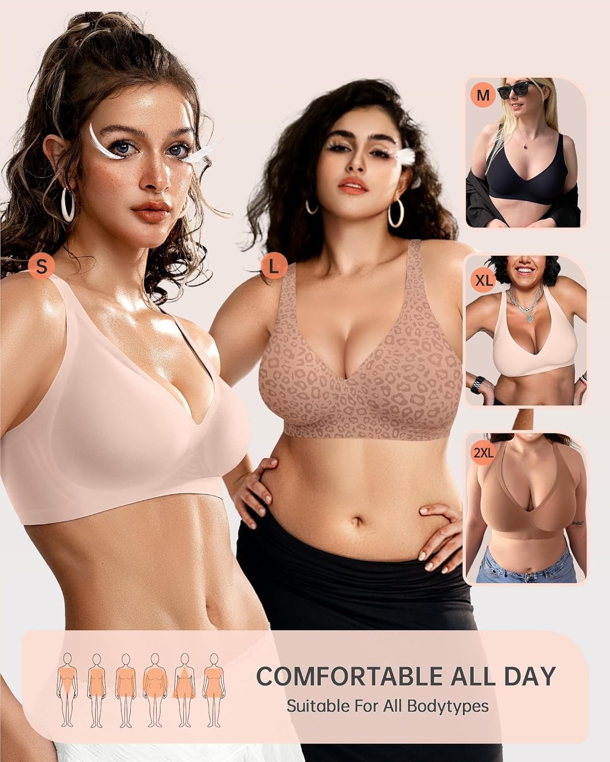 image:imageOEAK Womens Deep V Bras Wireless Comfortable Bra Supportive No Underwire Bras Tshirt Push Up Bralettes Plunge Seamless BraLeopard Lightcoffee