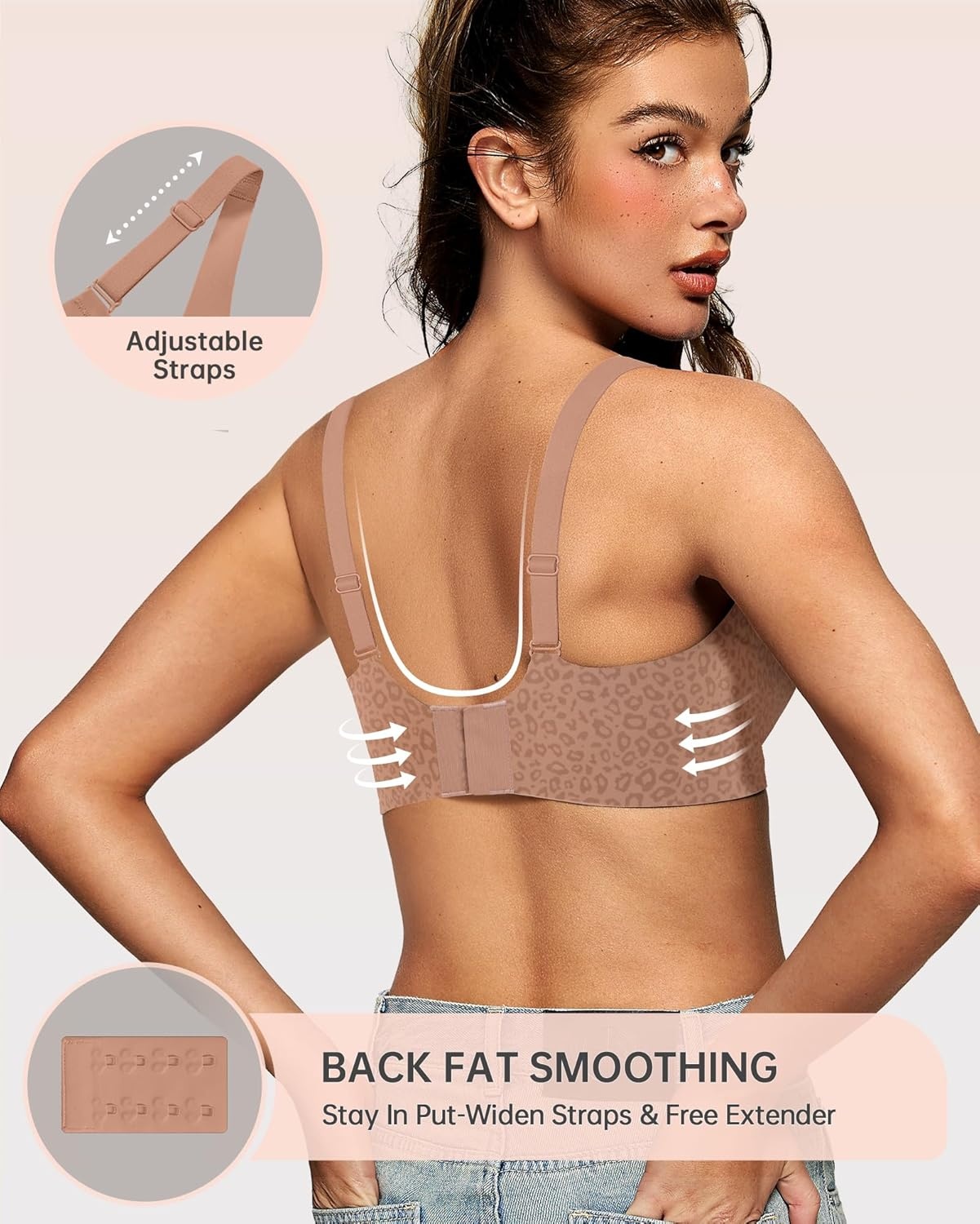 image:imageOEAK Womens Deep V Bras Wireless Comfortable Bra Supportive No Underwire Bras Tshirt Push Up Bralettes Plunge Seamless BraLeopard Lightcoffee