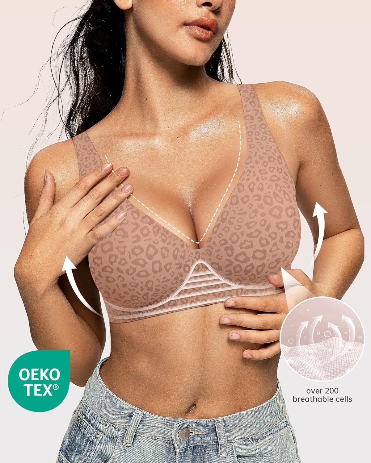 image:imageOEAK Womens Deep V Bras Wireless Comfortable Bra Supportive No Underwire Bras Tshirt Push Up Bralettes Plunge Seamless BraLeopard Lightcoffee