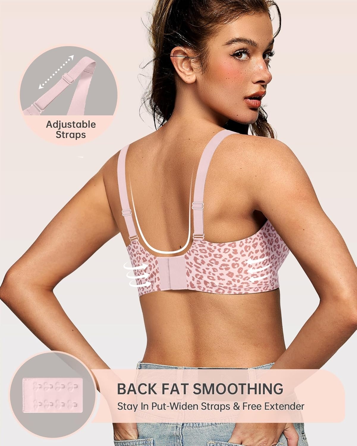 image:imageOEAK Womens Deep V Bras Wireless Comfortable Bra Supportive No Underwire Bras Tshirt Push Up Bralettes Plunge Seamless BraLeopard Pink