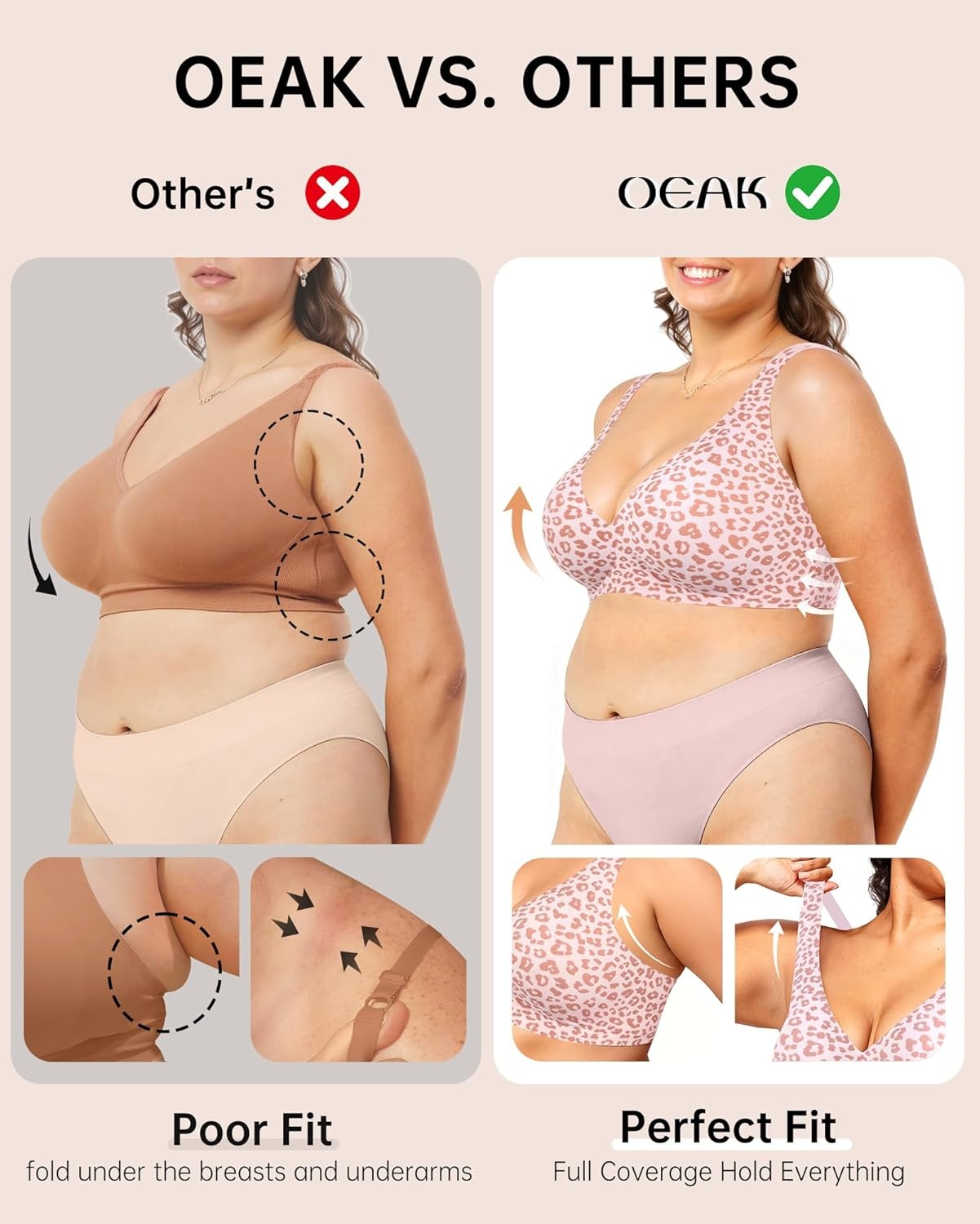 image:imageOEAK Womens Deep V Bras Wireless Comfortable Bra Supportive No Underwire Bras Tshirt Push Up Bralettes Plunge Seamless BraLeopard Pink