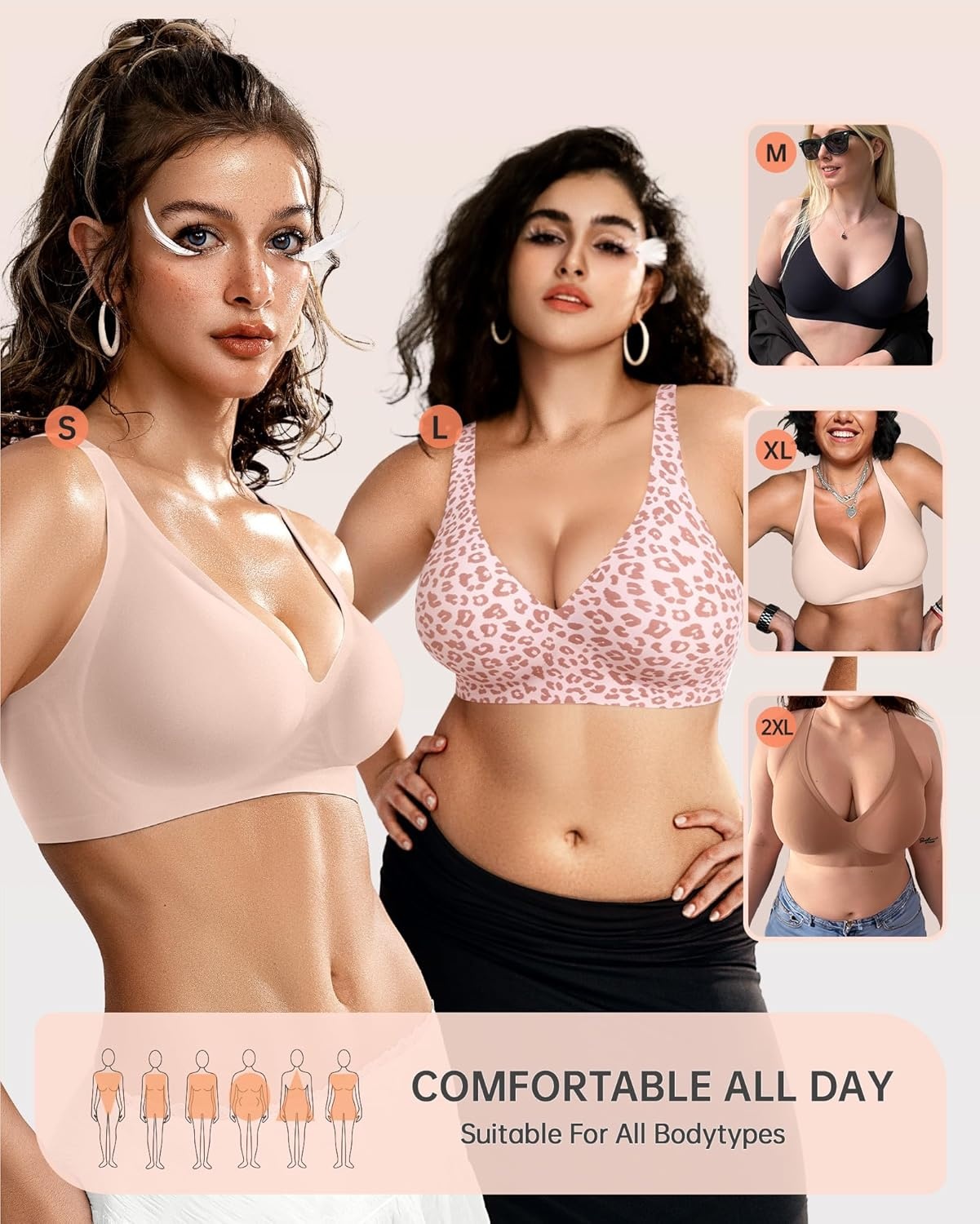 image:imageOEAK Womens Deep V Bras Wireless Comfortable Bra Supportive No Underwire Bras Tshirt Push Up Bralettes Plunge Seamless BraLeopard Pink