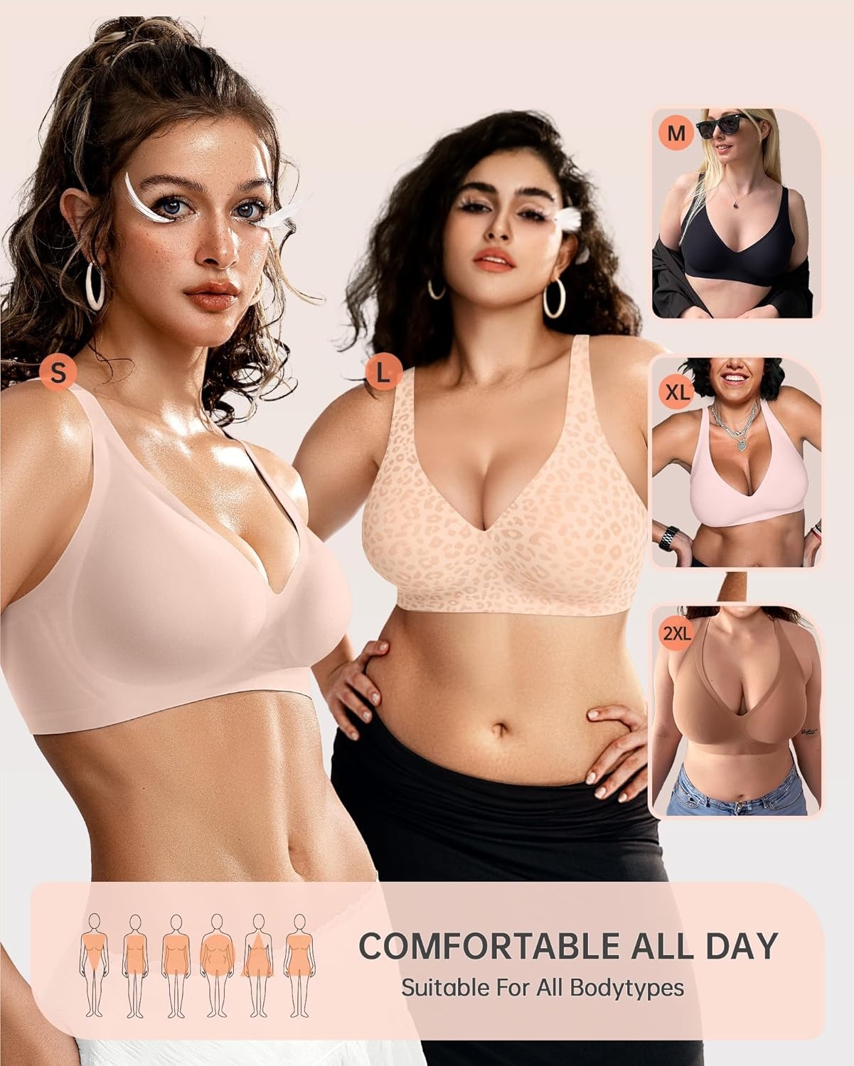 image:imageOEAK Womens Deep V Bras Wireless Comfortable Bra Supportive No Underwire Bras Tshirt Push Up Bralettes Plunge Seamless BraLeopard Skin