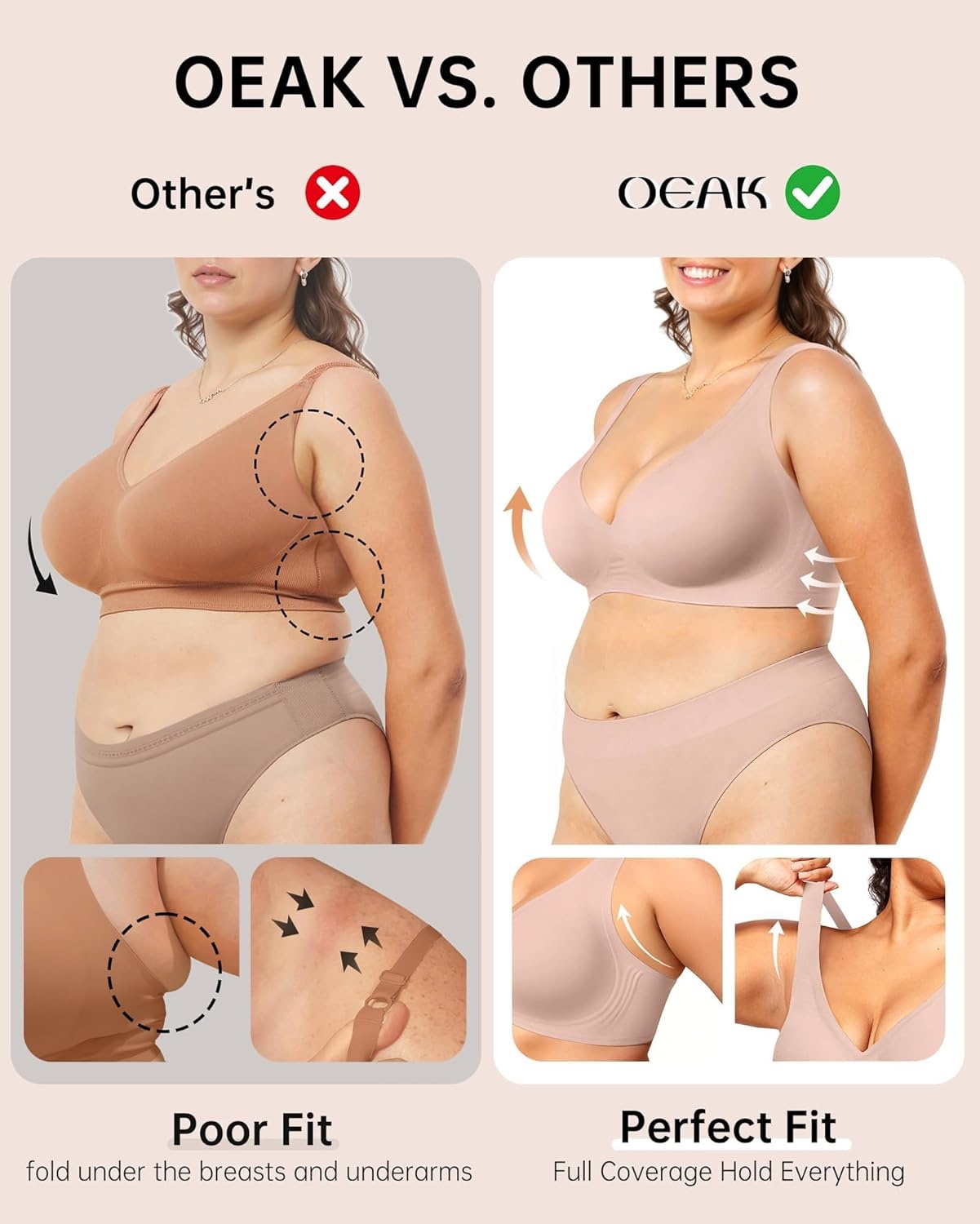 image:imageOEAK Womens Deep V Bras Wireless Comfortable Bra Supportive No Underwire Bras Tshirt Push Up Bralettes Plunge Seamless BraNude