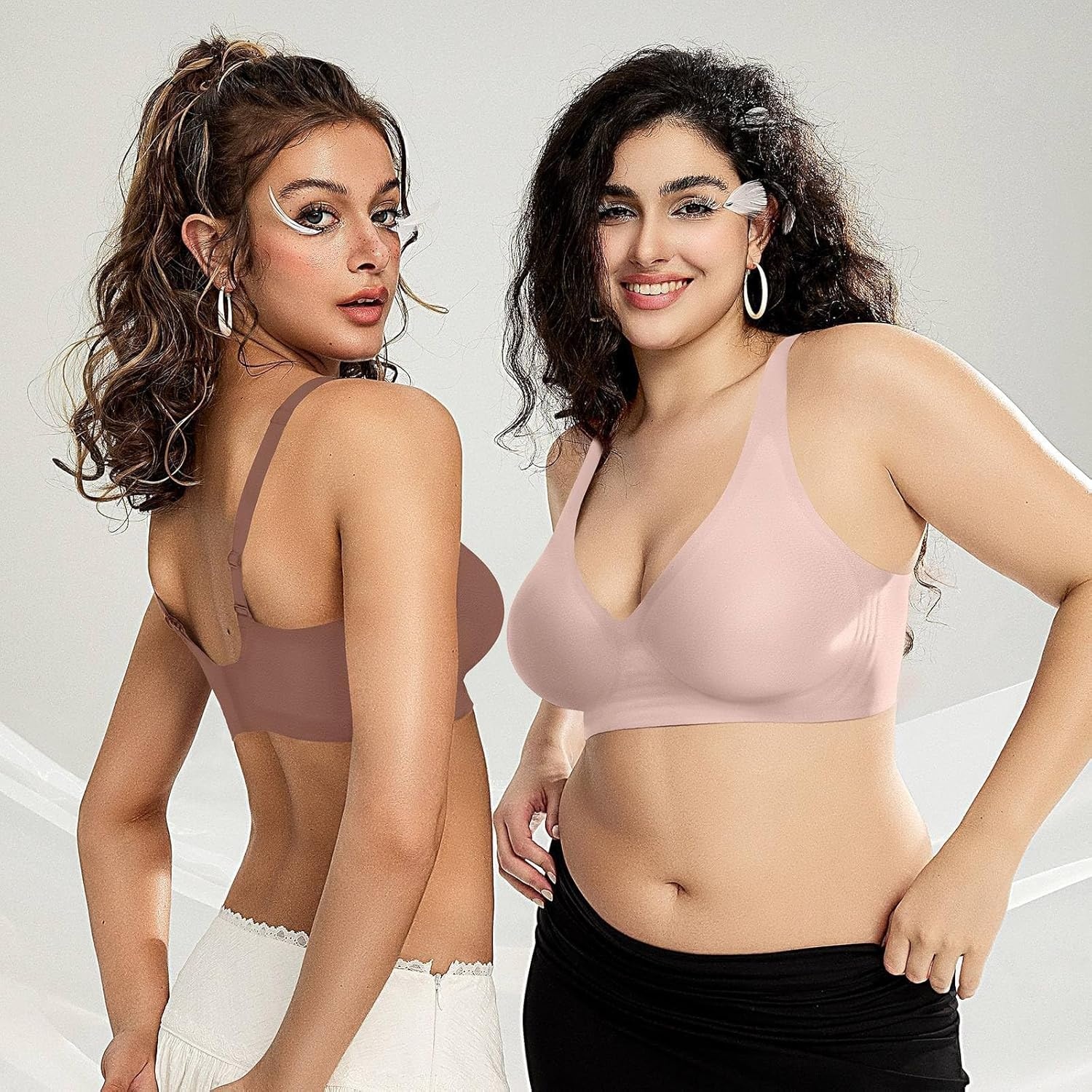 image:imageOEAK Womens Deep V Bras Wireless Comfortable Bra Supportive No Underwire Bras Tshirt Push Up Bralettes Plunge Seamless BraNude