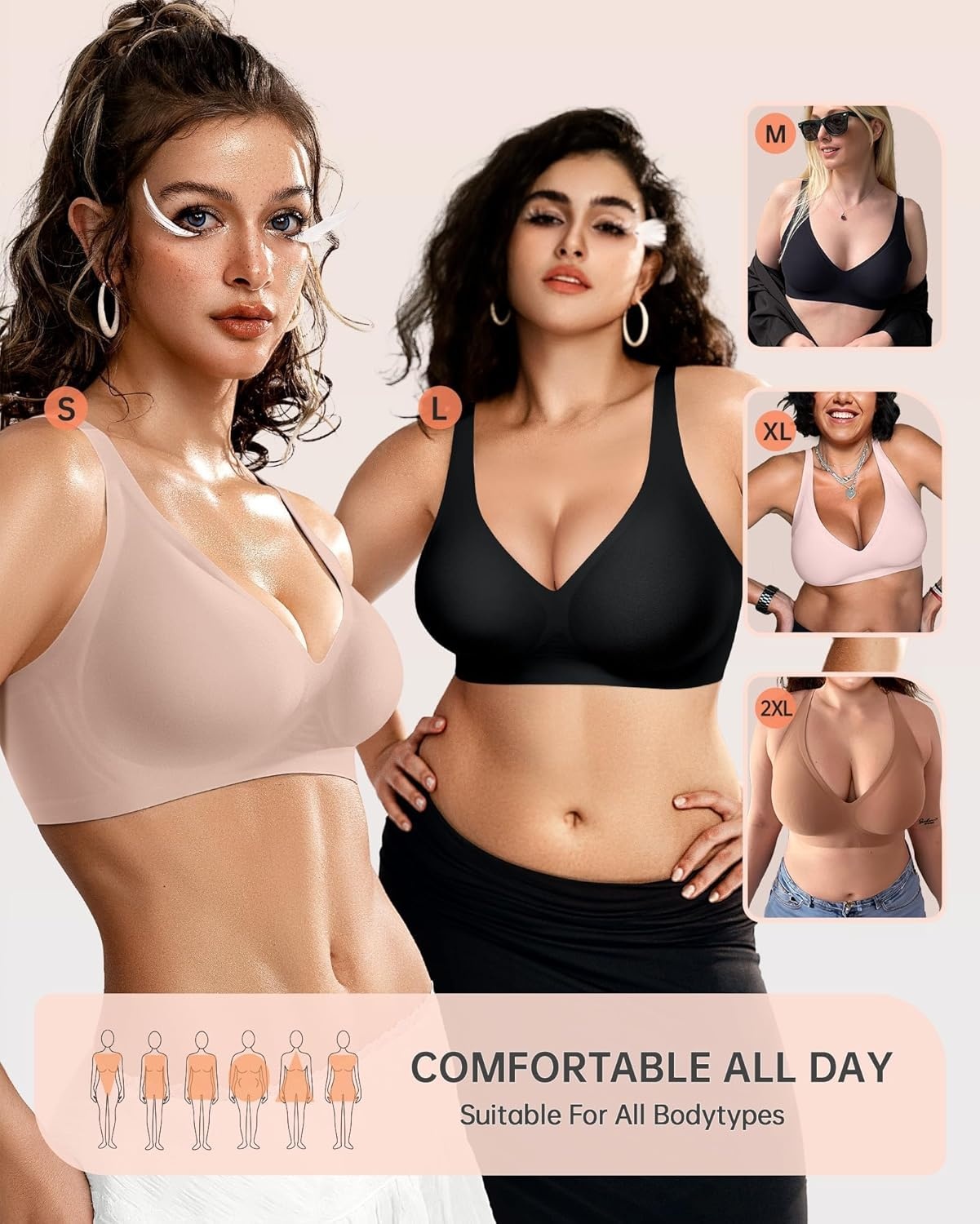 image:imageOEAK Womens Deep V Bras Wireless Comfortable Bra Supportive No Underwire Bras Tshirt Push Up Bralettes Plunge Seamless BraNude